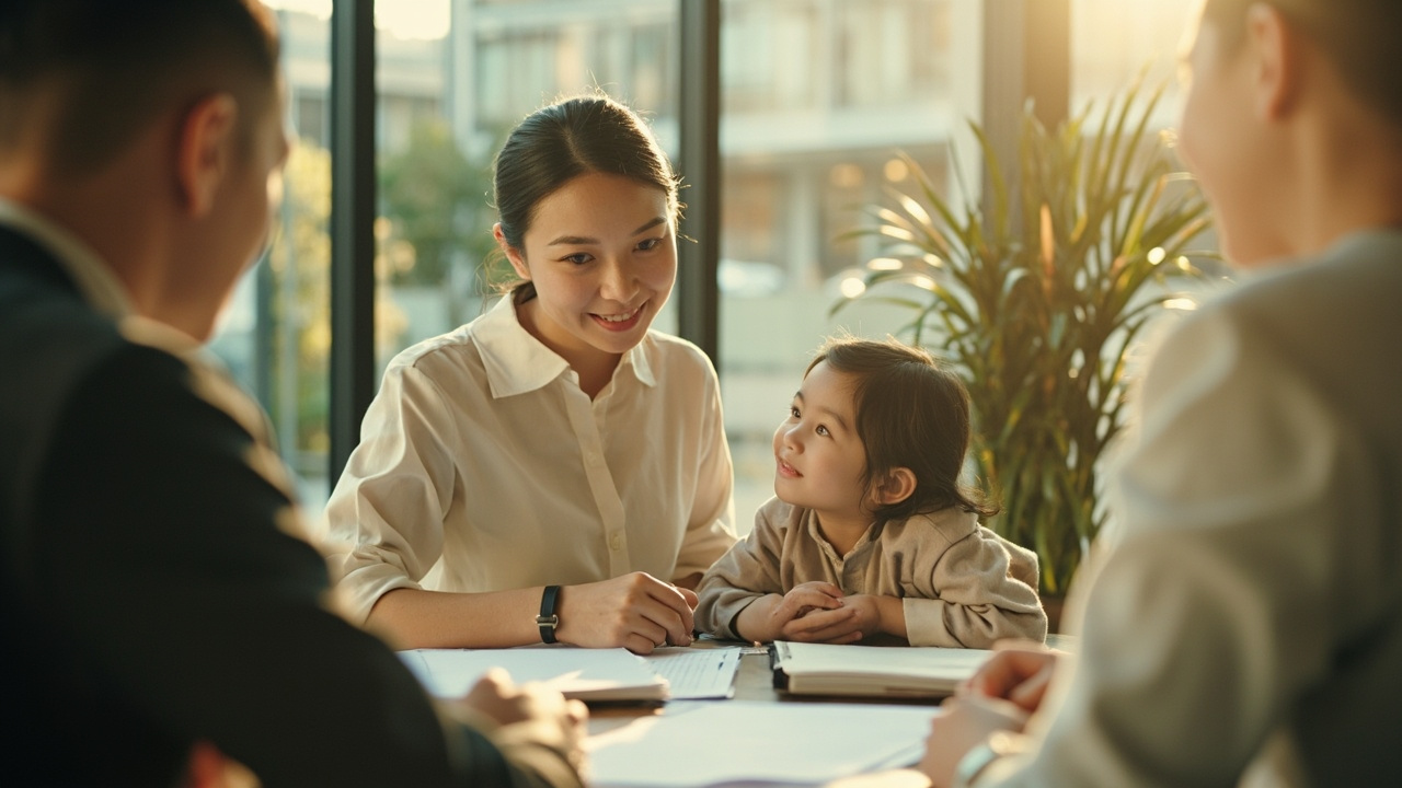 An insurance advisor in conversation with a family