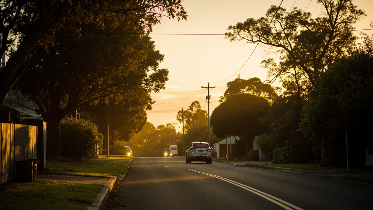 A peaceful Aotearoa New Zealand suburban street at golden hour